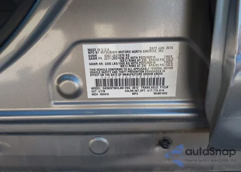 2015 Mitsubishi Outlander Sport Es z USA, uszkodzony, nr VIN 4A4AP3AW9FE039288